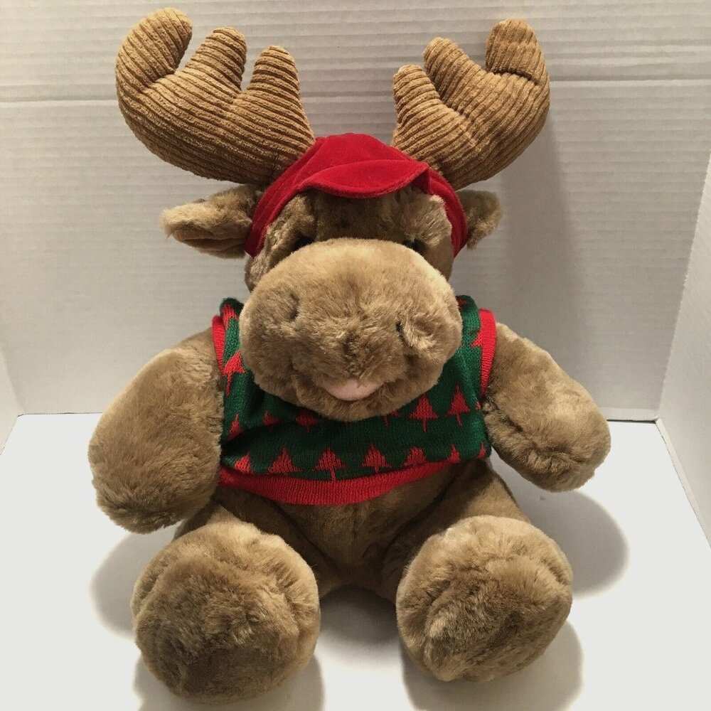 Commonwealth Stuffed Plush Moose w/ Christmas Sweater 18" Toy Brown 1992 Vintage